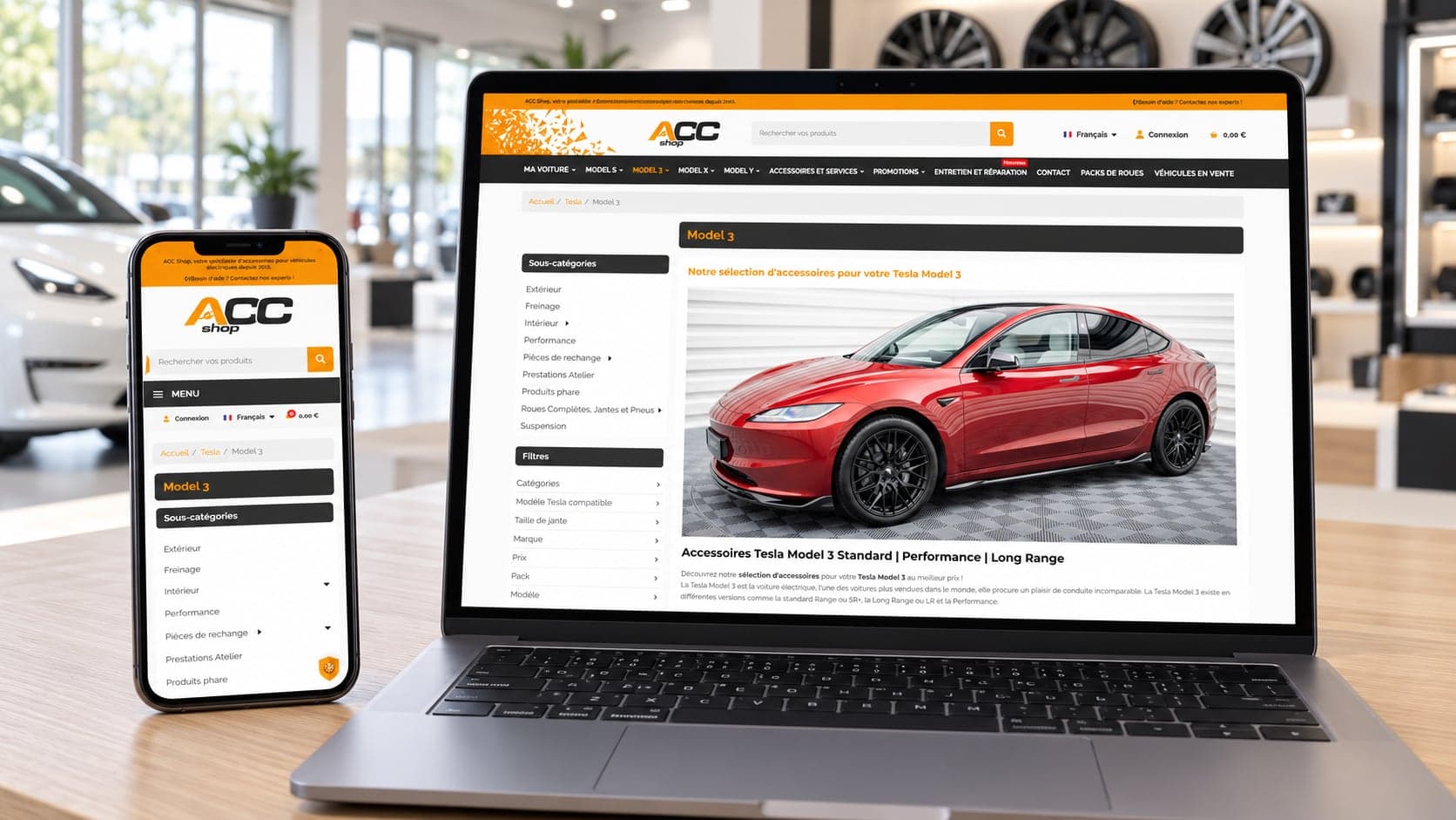 Site de ACC Shop : accessoires tesla model 3, sur ordinateur et téléphone