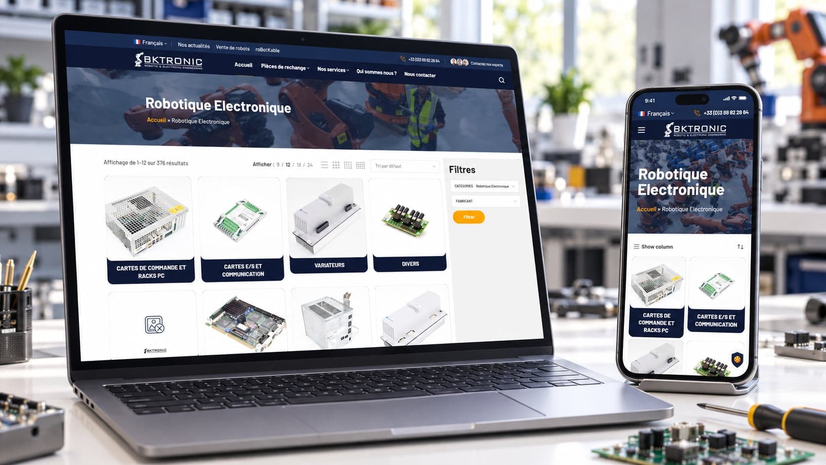 Site de BKtronic : catalogue robotique, sur ordinateur et téléphone