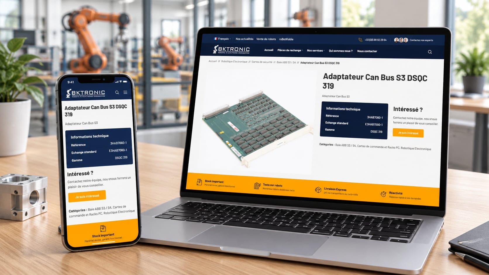 Site de BKtronic : fiche produit, sur ordinateur et téléphone