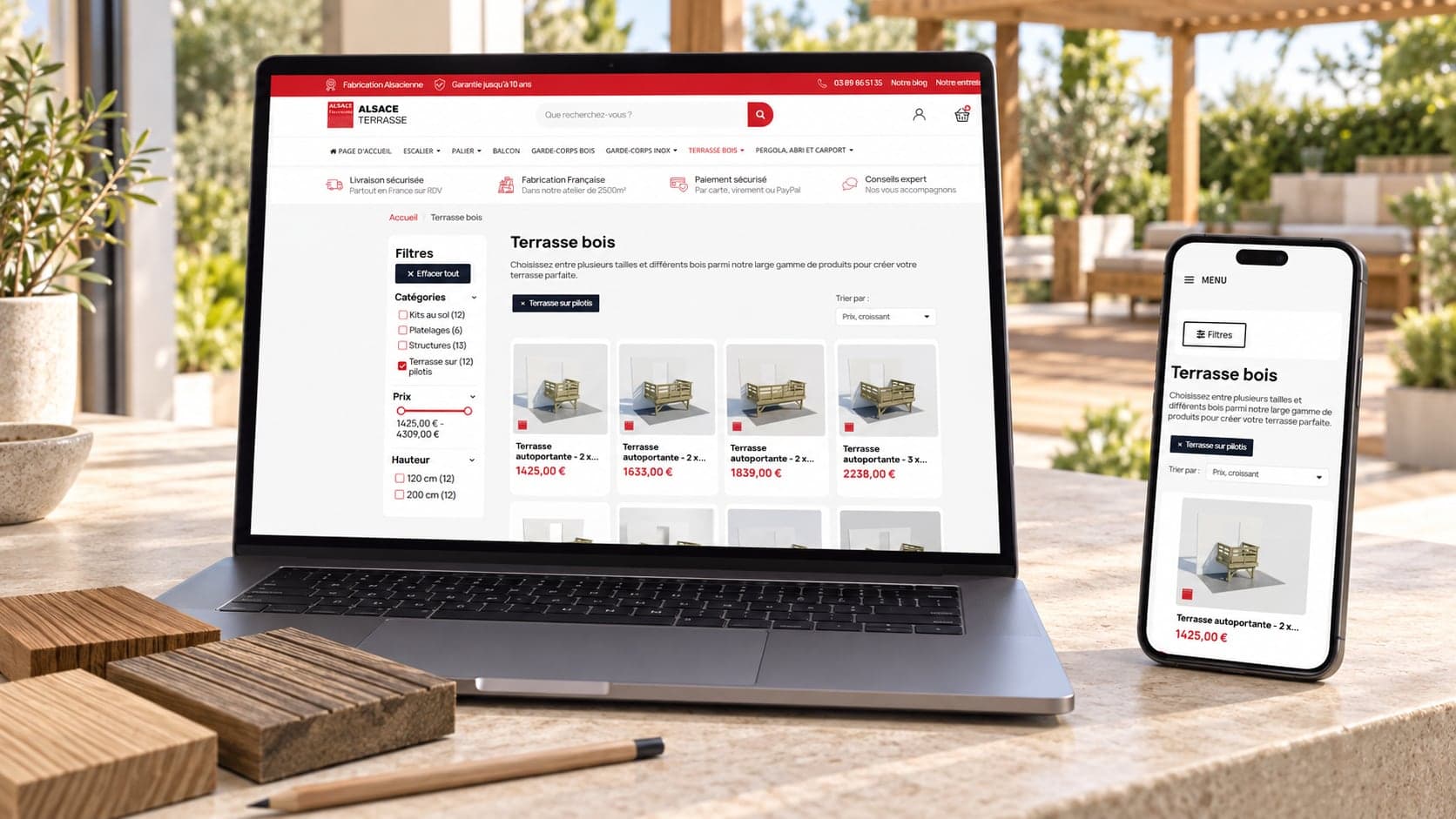 Site de Kits Terrasses Bois : catalogue terrasses bois, sur ordinateur et téléphone