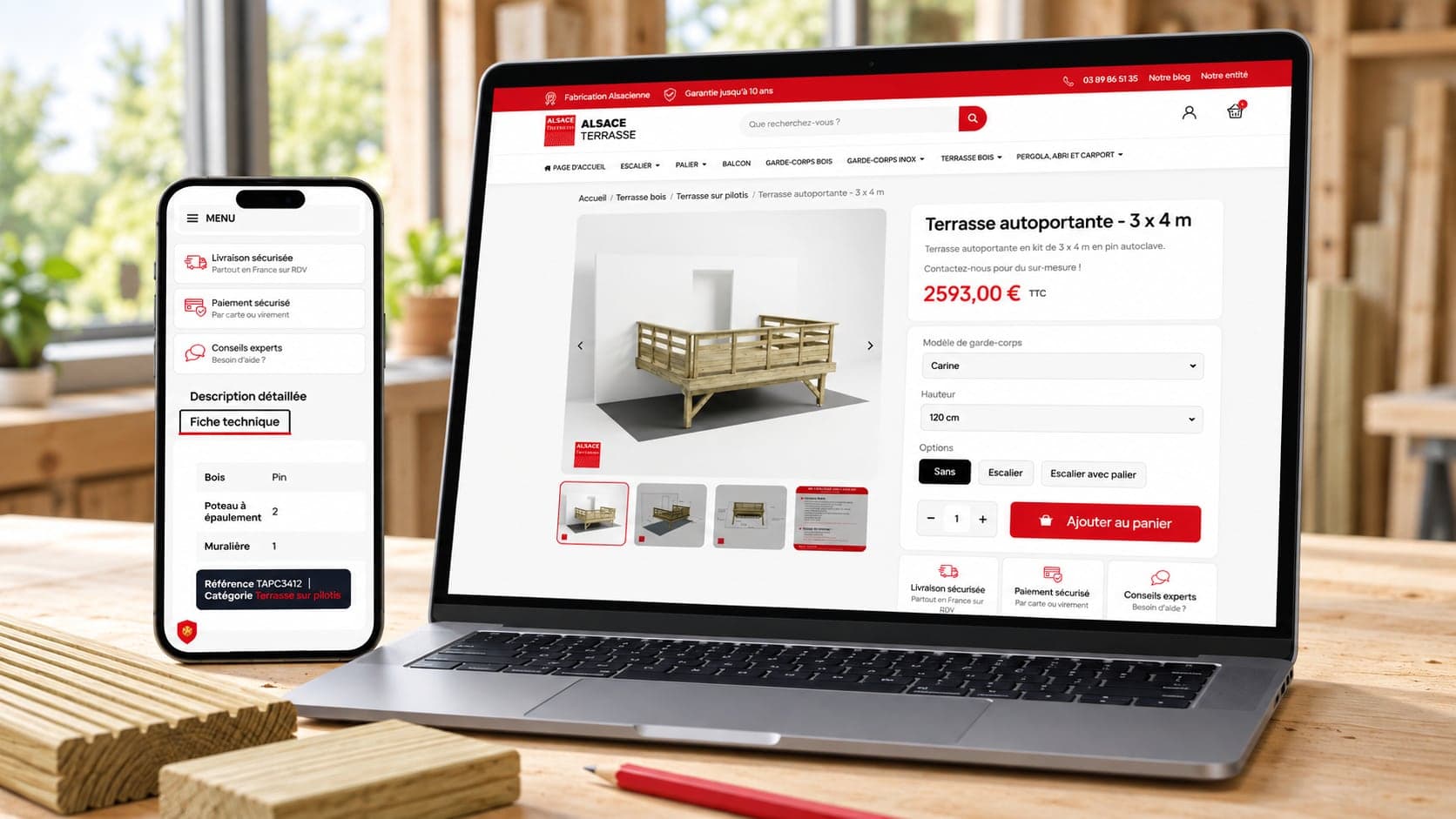 Site de Kits Terrasses Bois : fiche produit et options, sur ordinateur et téléphone