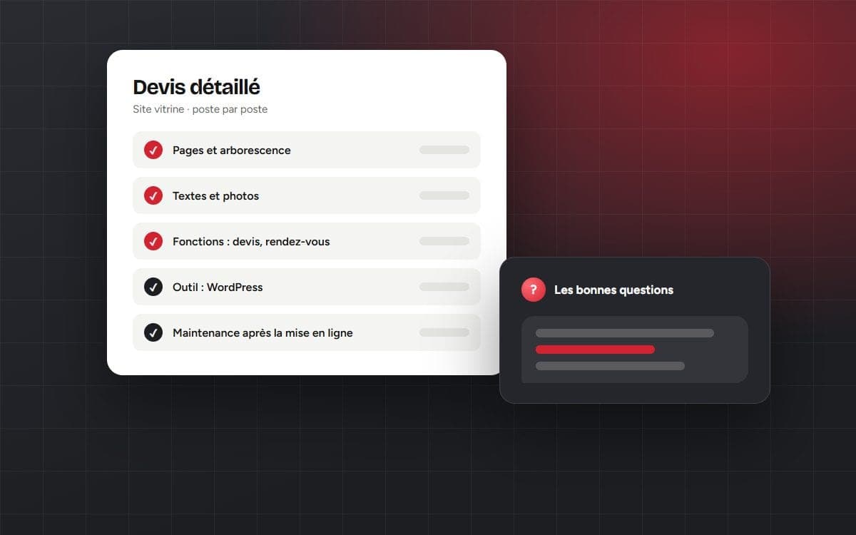 Devis de site internet détaillé poste par poste : pages, textes et photos, fonctions, outil, maintenance