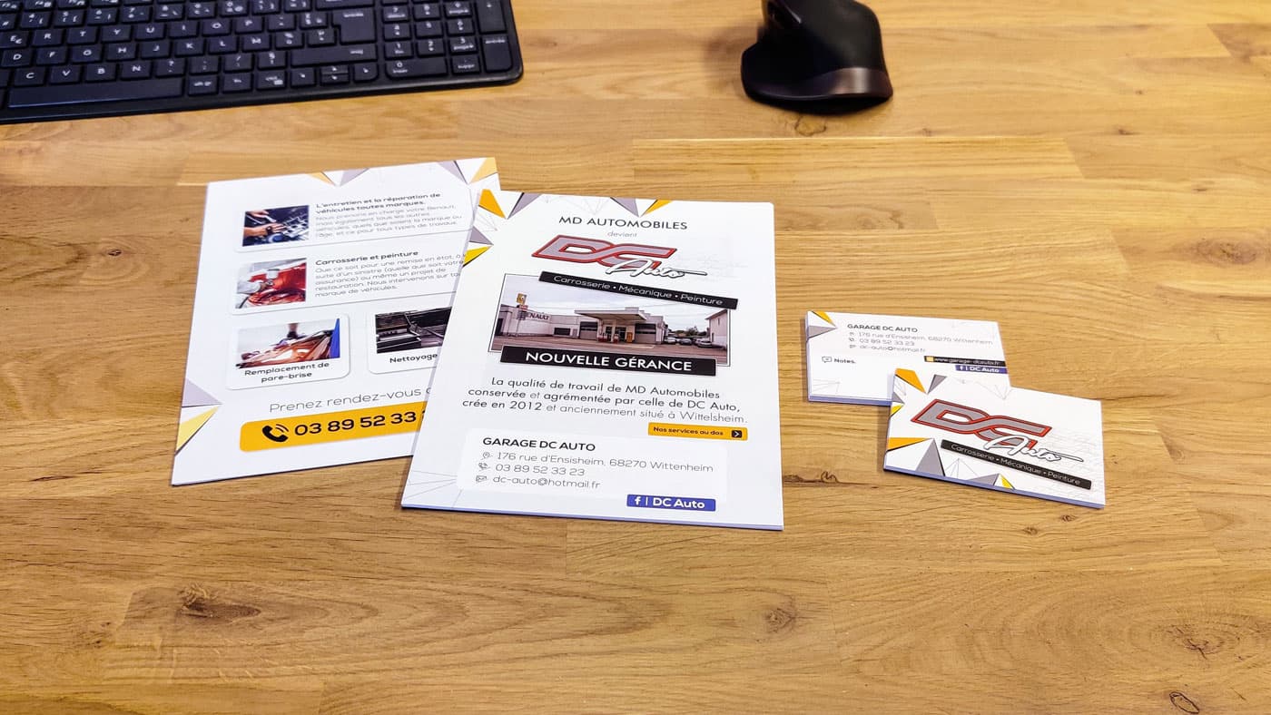 Flyers et cartes de visite créés par LEVEL 1 pour le garage DC Auto