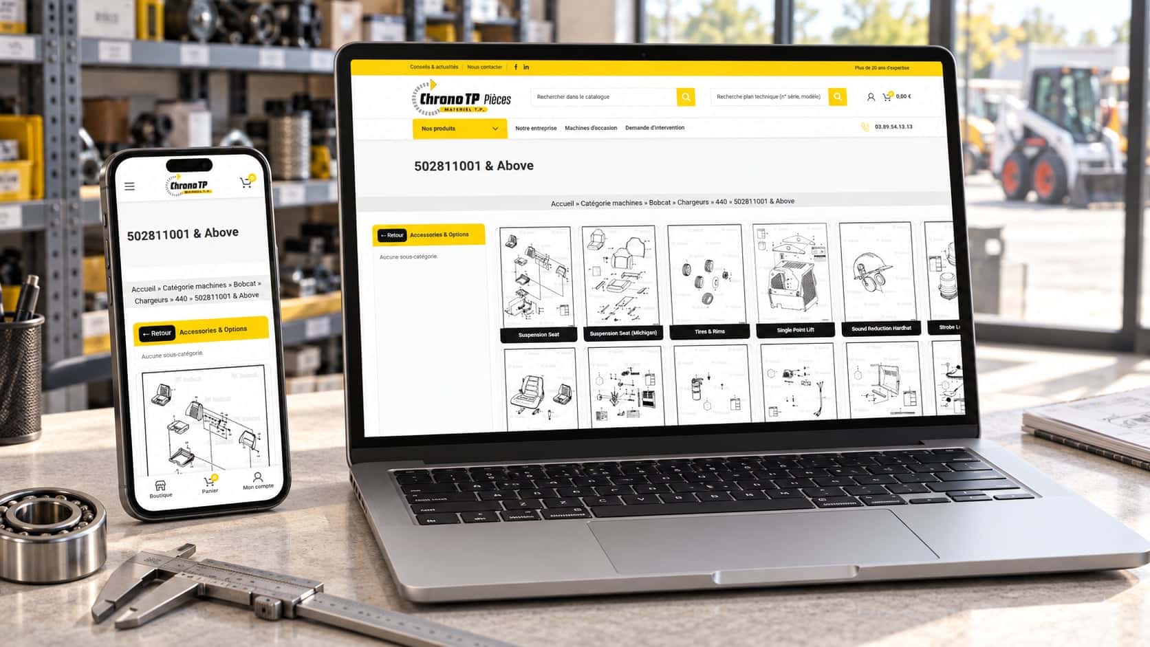 Site internet de ChronoTP Pièces (pièces de travaux publics) sur ordinateur et téléphone, réalisé par LEVEL 1