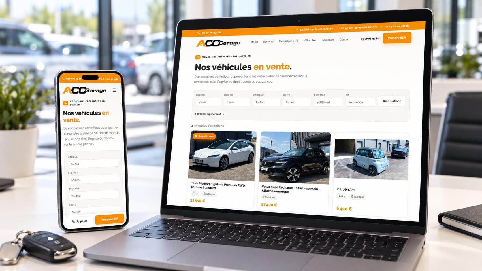 Site de ACC Garage : véhicules en vente, sur ordinateur et téléphone