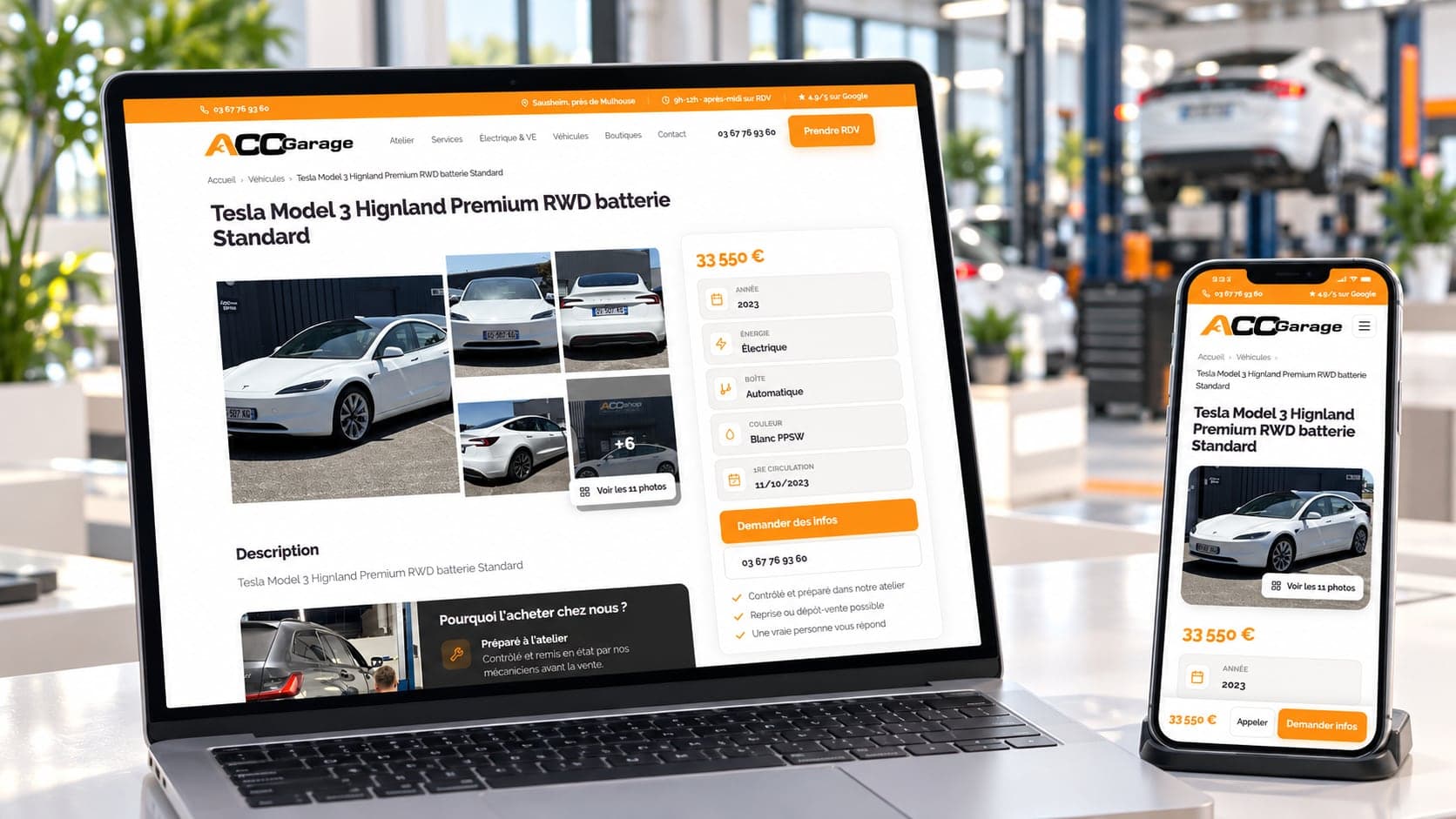 Site de ACC Garage : fiche d'un véhicule, sur ordinateur et téléphone