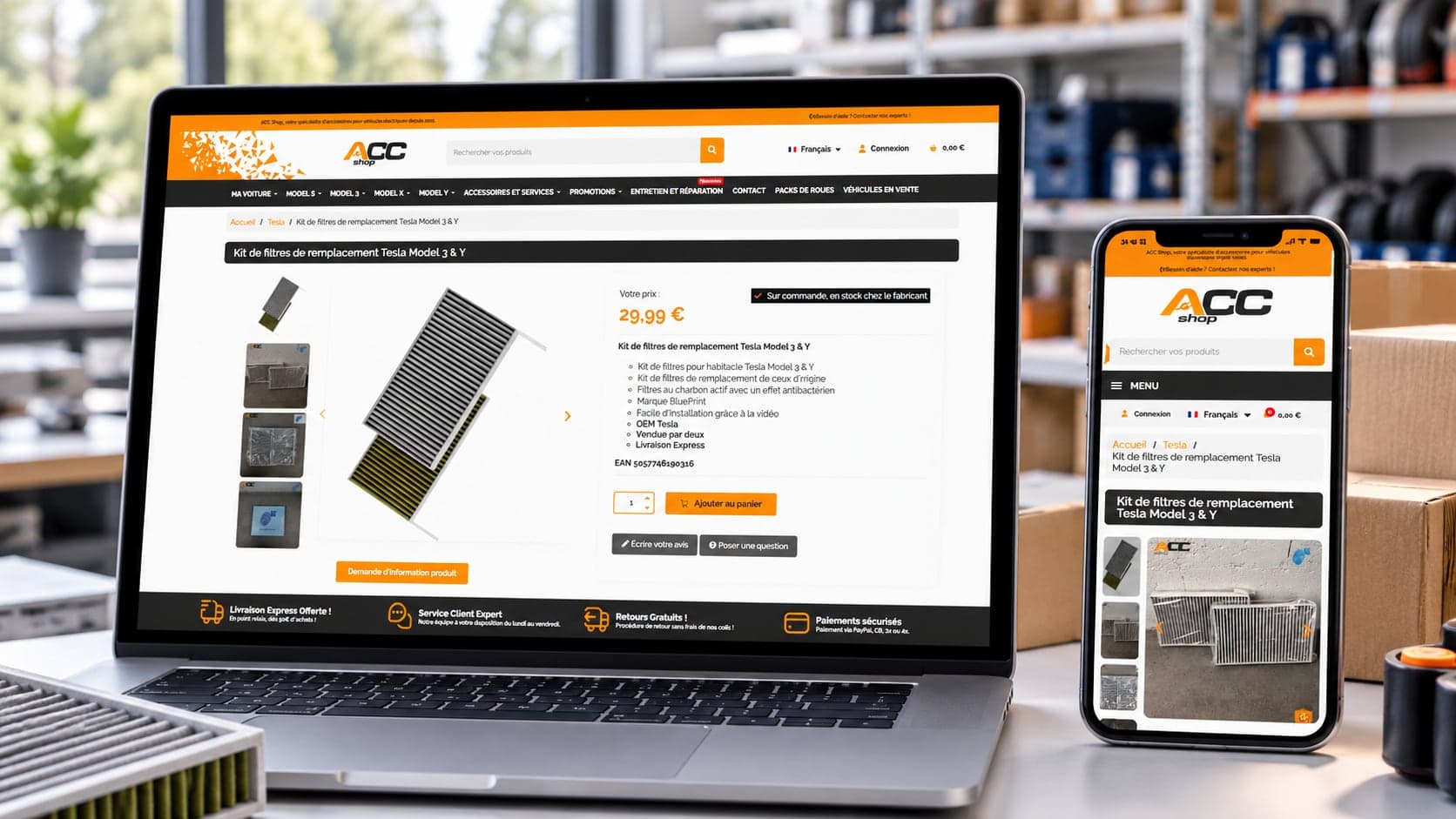 Site de ACC Shop : fiche produit, sur ordinateur et téléphone