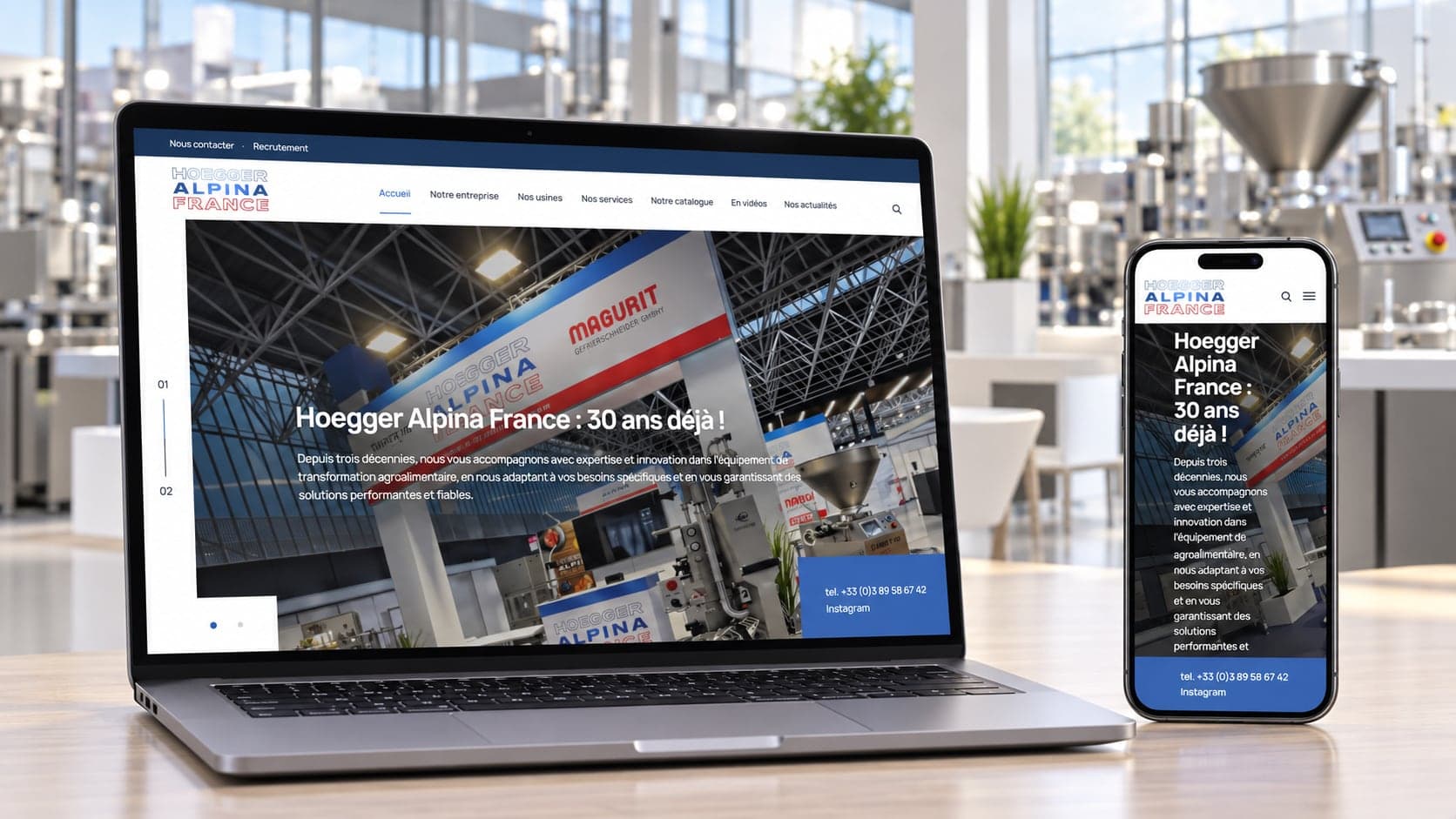 Site de Hoegger Alpina France réalisé par LEVEL 1 : page d'accueil sur ordinateur et téléphone