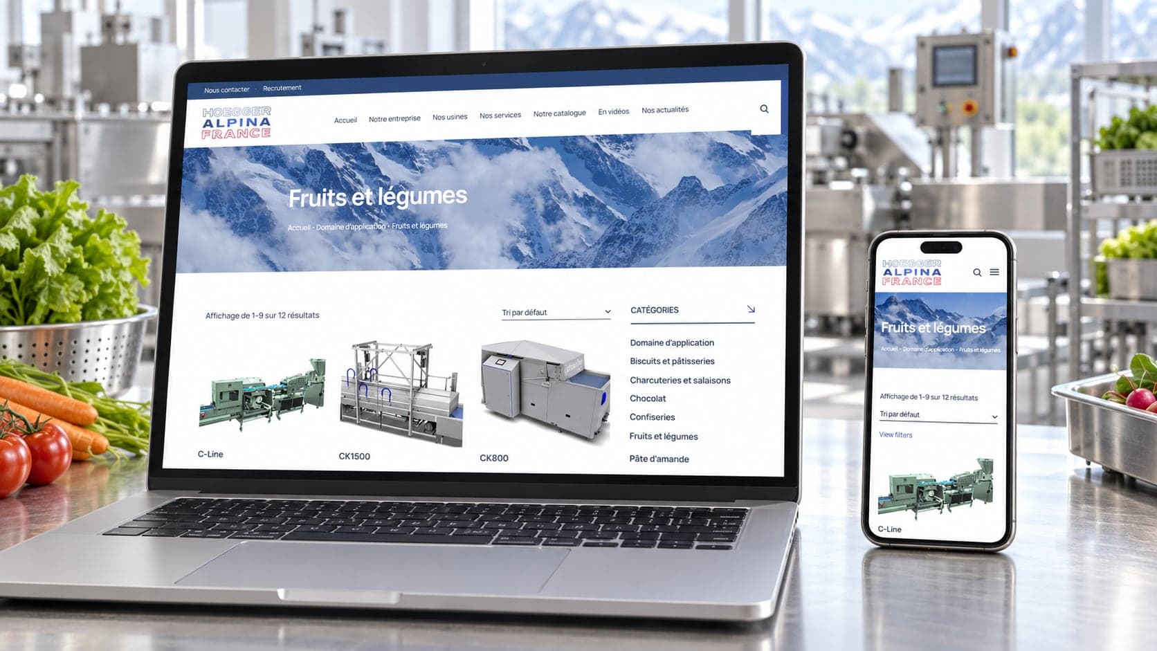 Site de Hoegger Alpina France : secteur fruits et légumes, sur ordinateur et téléphone