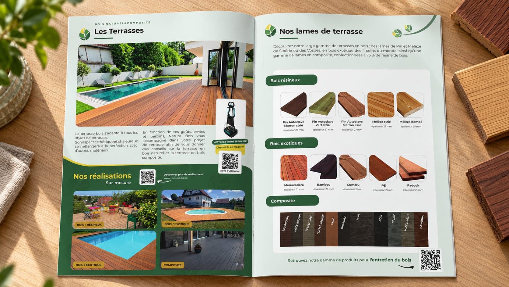 Double page Natura Bois consacrée aux terrasses et aux différentes lames de bois