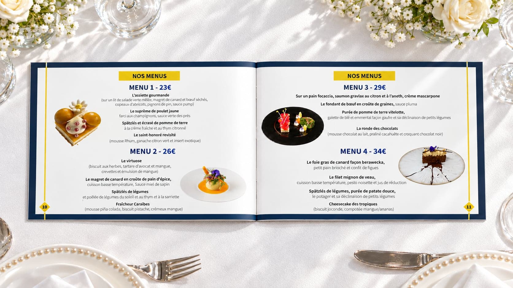 Double page des menus Traiteur Simon présentée sur une table de réception