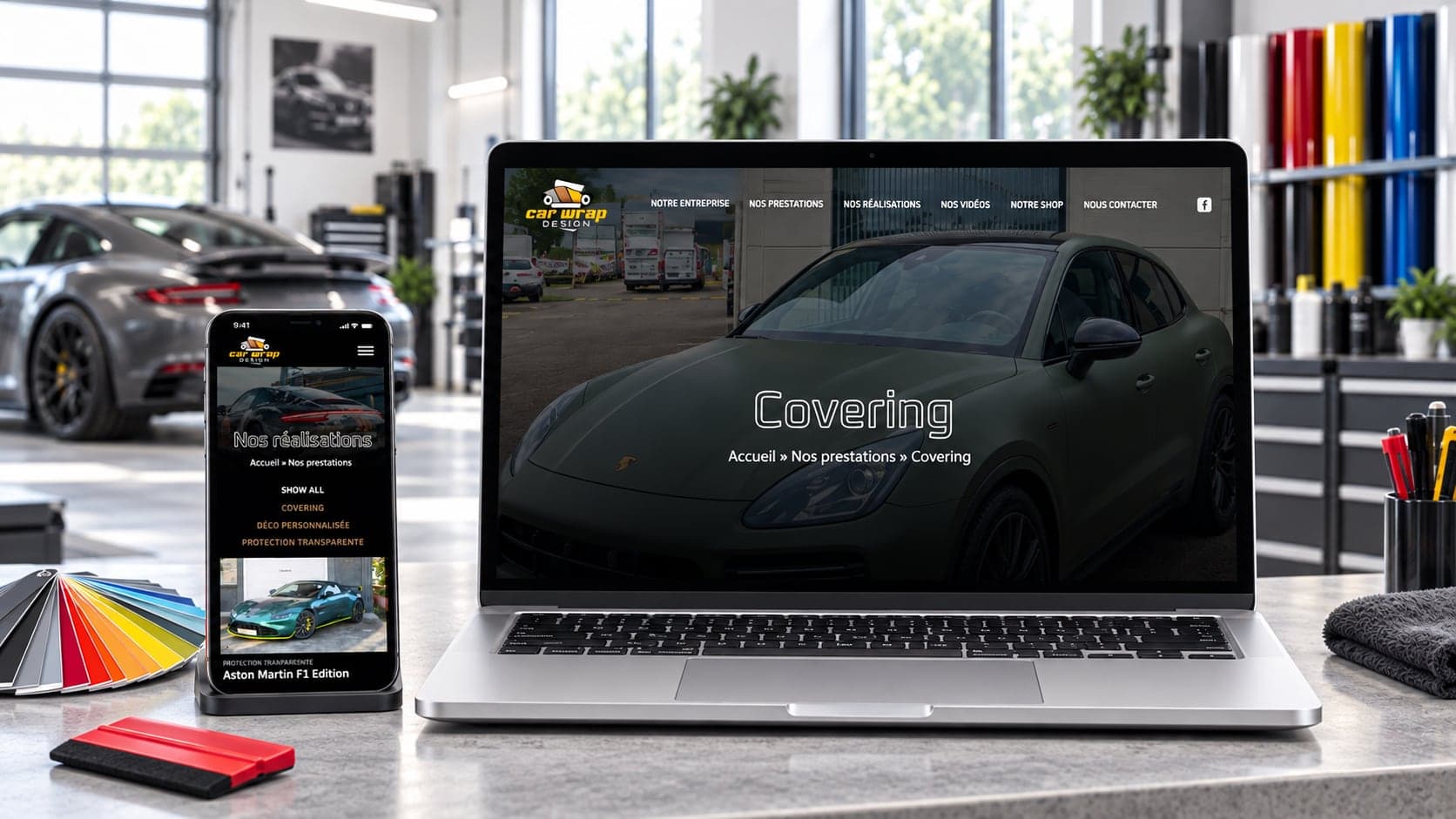 Site de CarWrap Design : page covering, sur ordinateur et téléphone