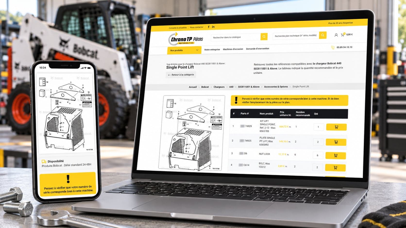 Site de ChronoTP Pièces : plan éclaté et pièces, sur ordinateur et téléphone