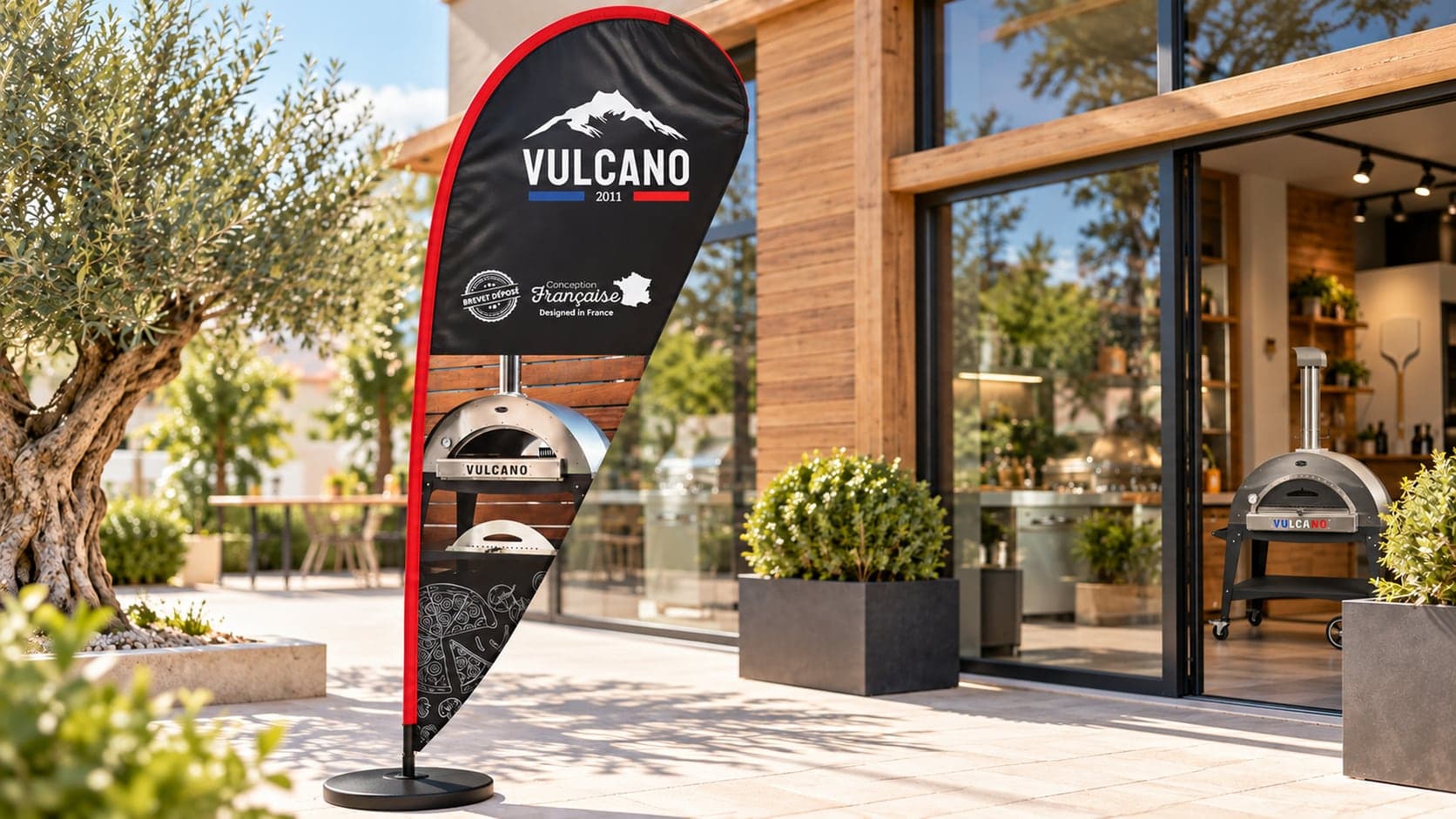 Drapeau Vulcano avec photographie du four, mis en scène devant un magasin