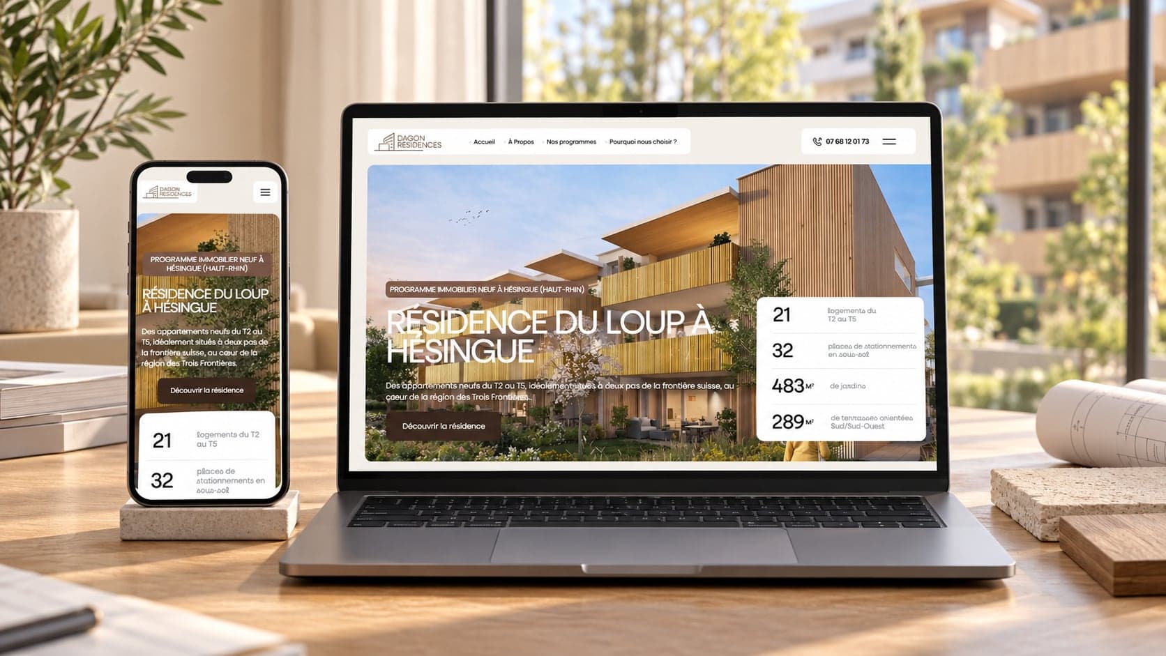 Site de Dagon Résidences réalisé par LEVEL 1 : page d'accueil sur ordinateur et téléphone