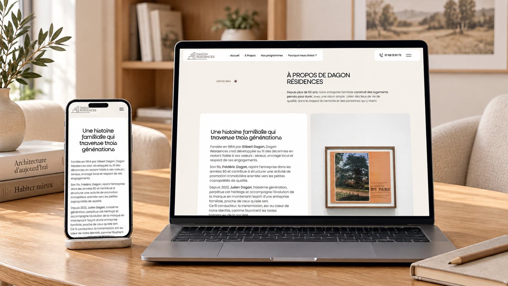 Site de Dagon Résidences : l'histoire de l'entreprise, sur ordinateur et téléphone