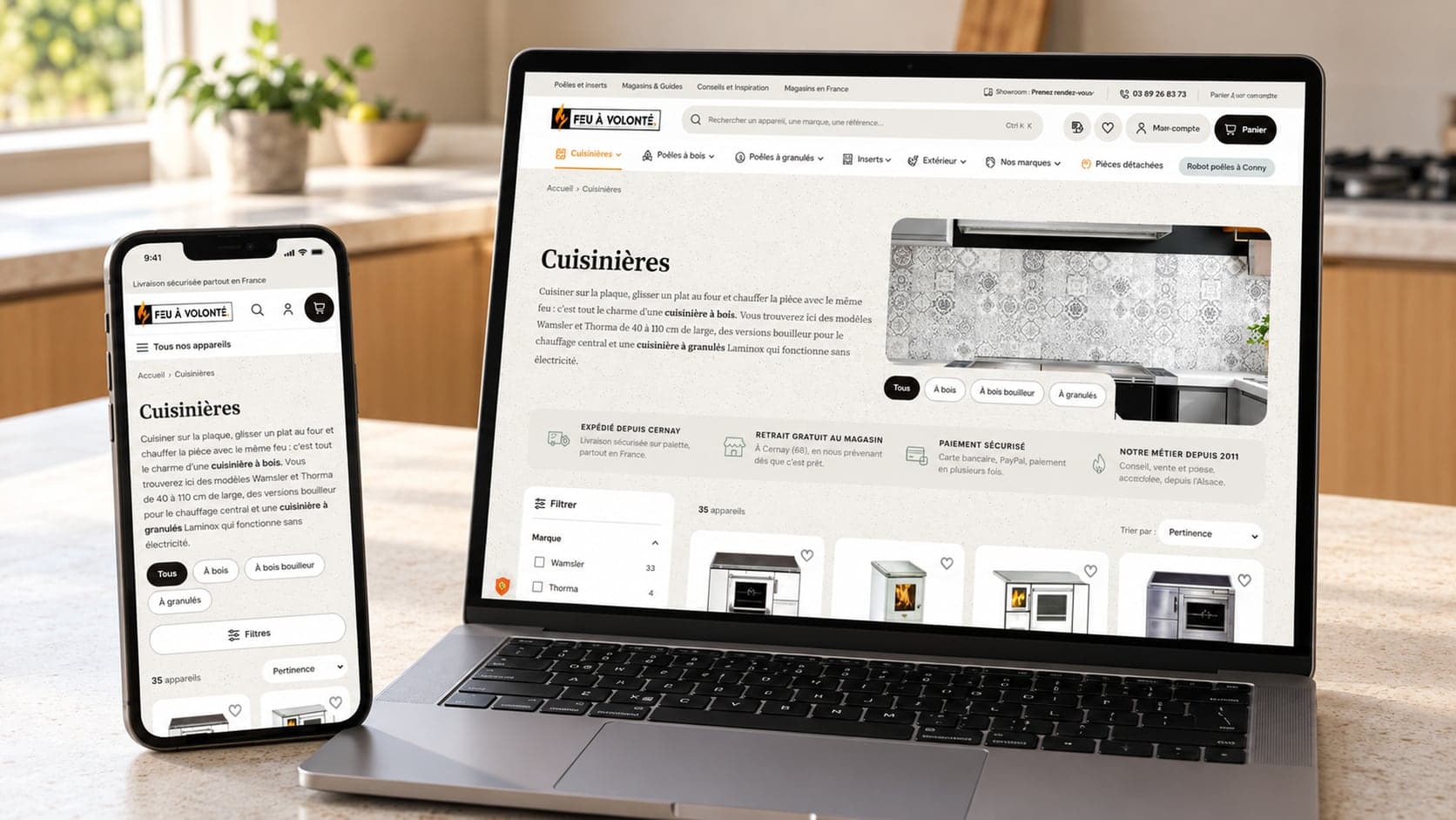 Catalogue de cuisinières Feu à Volonté sur ordinateur portable et téléphone