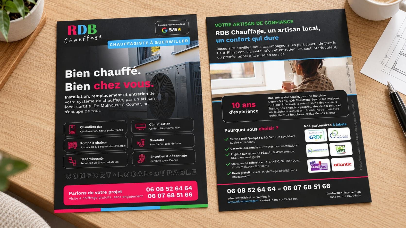 Flyer RDB Chauffage, recto et verso présentés côte à côte au format A5