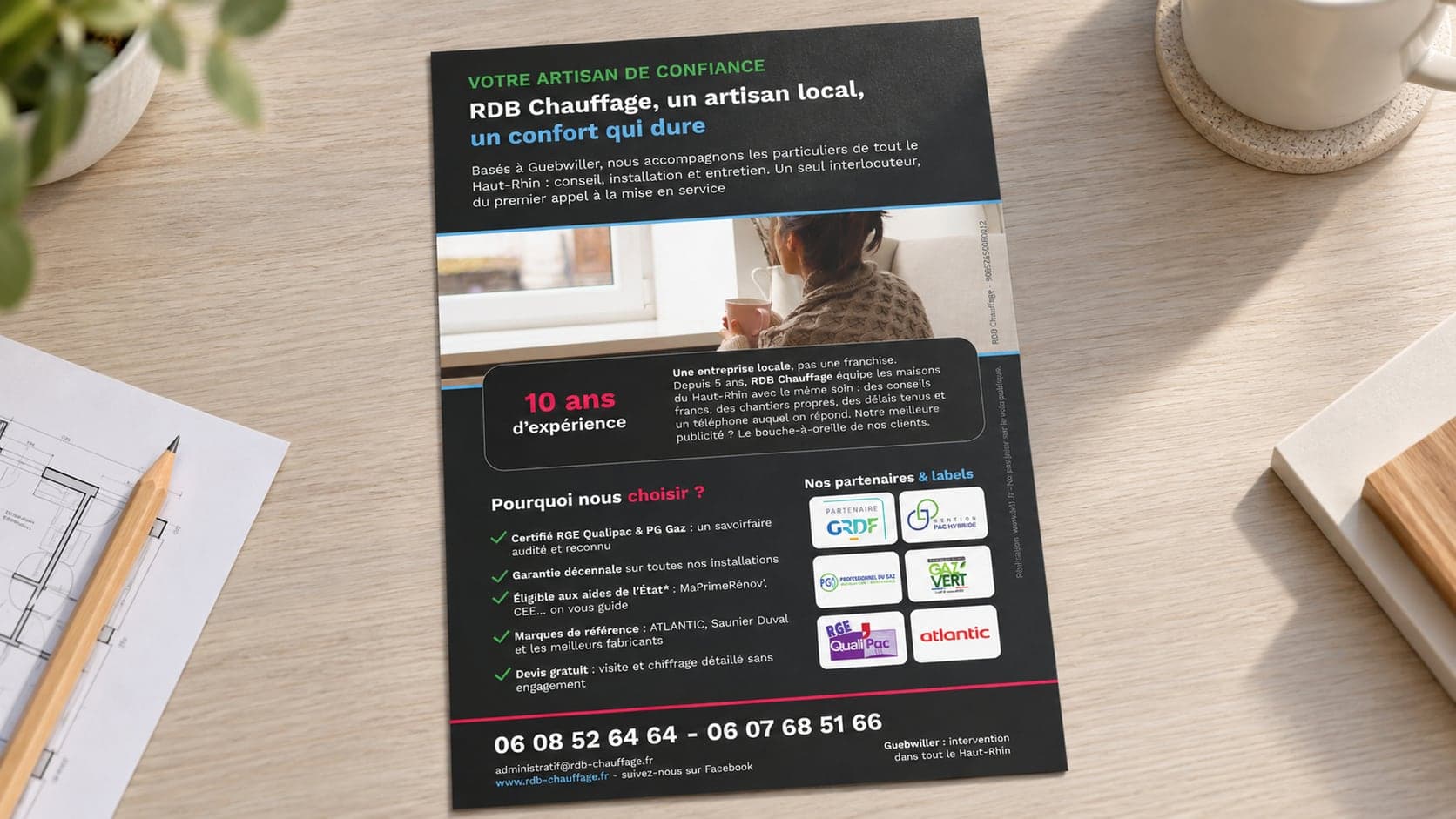 Verso du flyer RDB Chauffage présentant l'entreprise et ses partenaires, dont GRDF