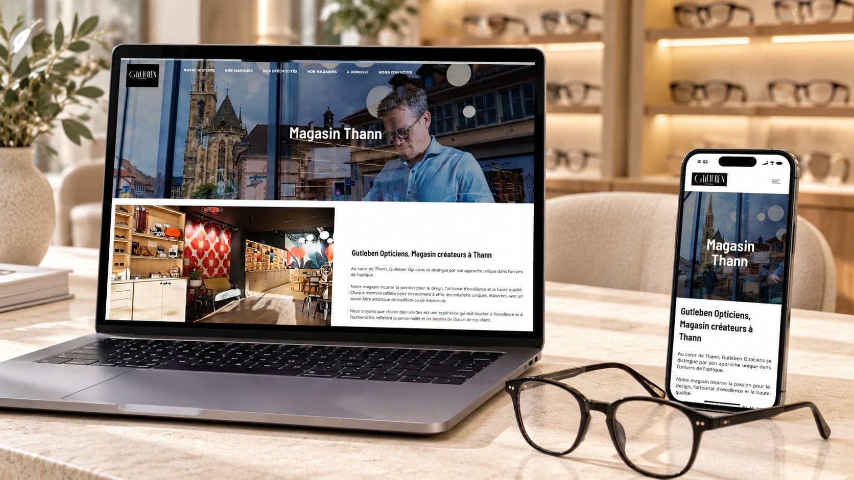 Site de Gutleben Opticiens : magasin de thann, sur ordinateur et téléphone