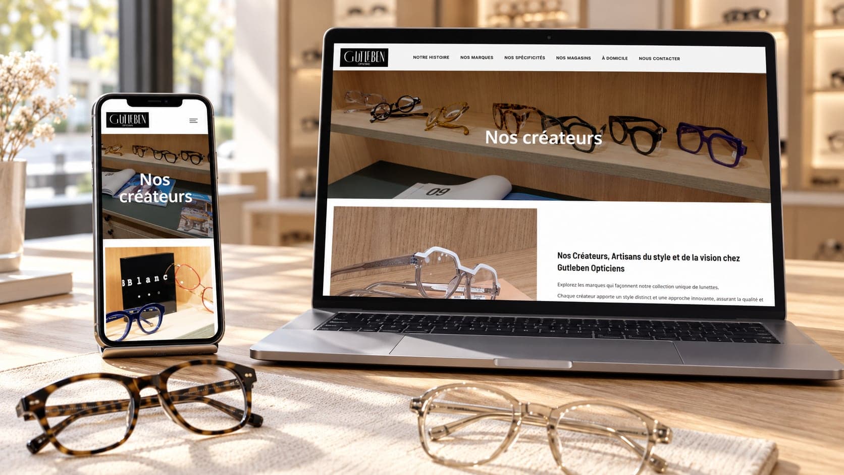 Site de Gutleben Opticiens : nos créateurs, sur ordinateur et téléphone