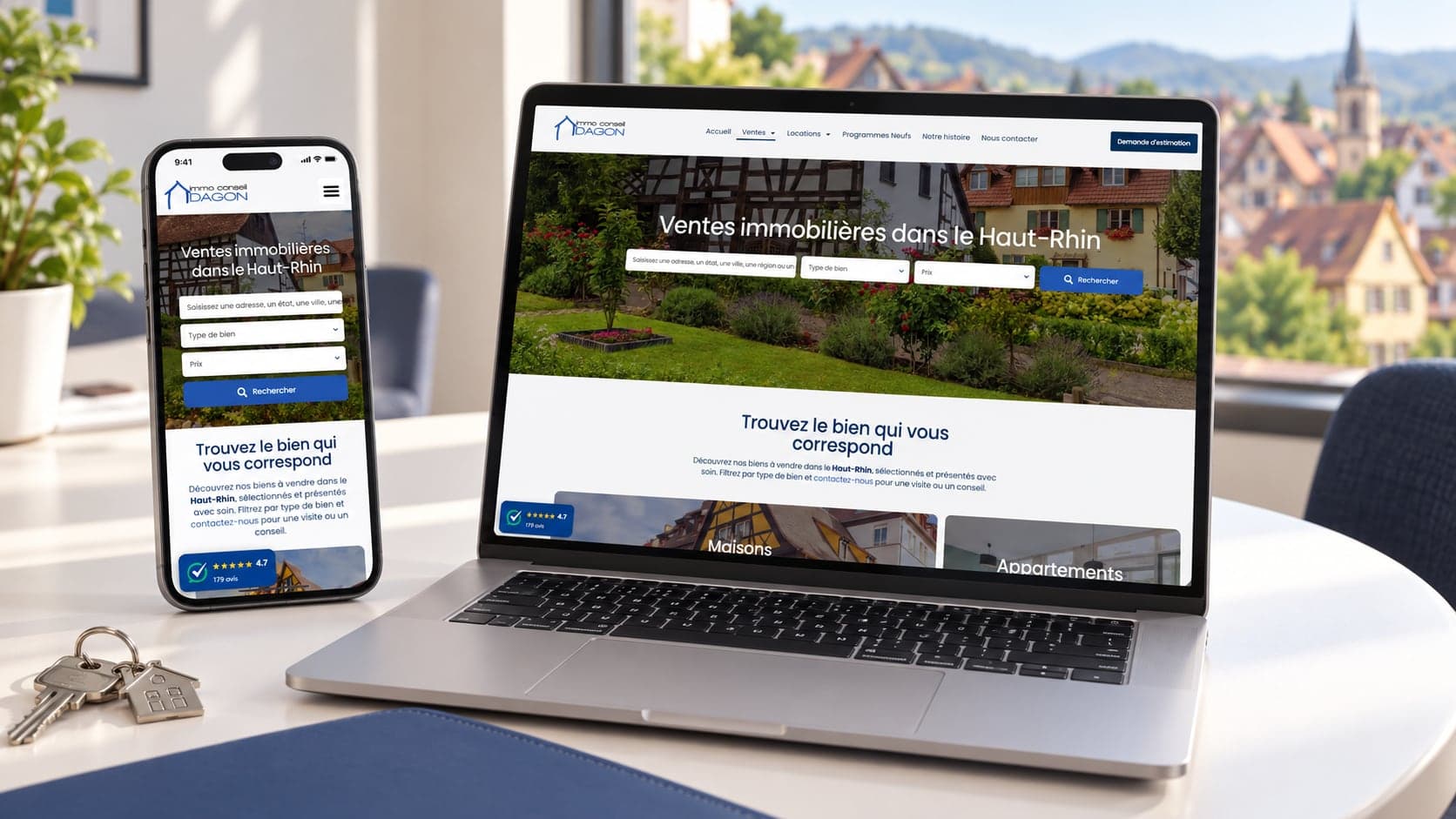 Site de Immo Conseil Dagon : ventes immobilières, sur ordinateur et téléphone