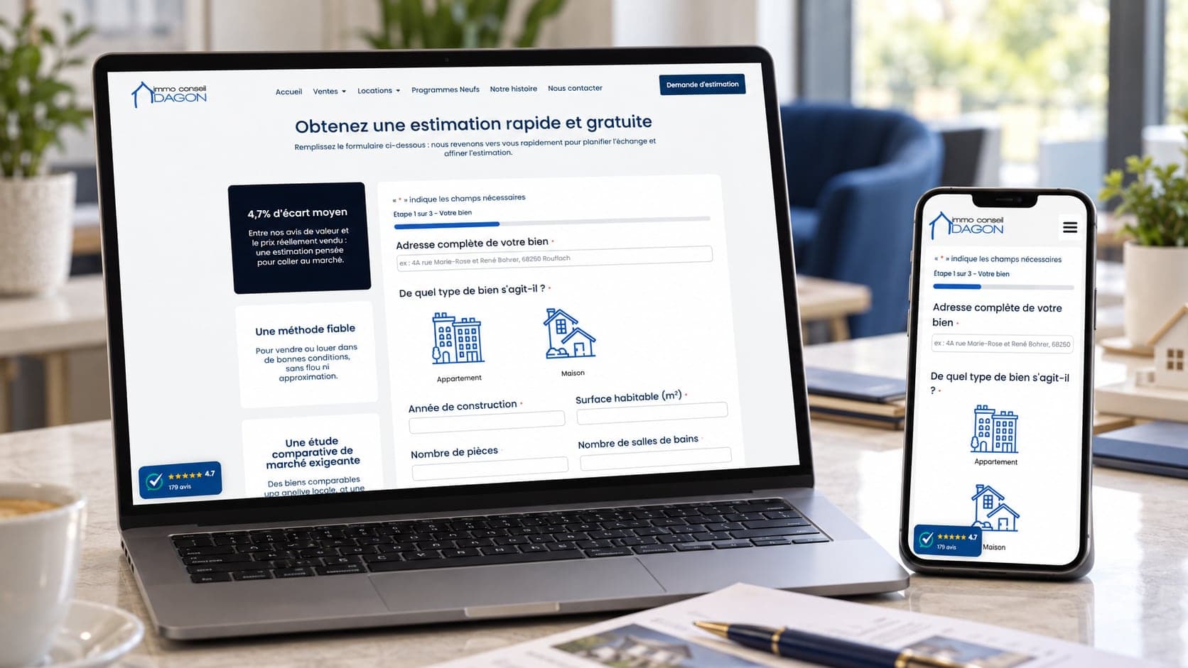 Site de Immo Conseil Dagon : estimation en ligne, sur ordinateur et téléphone