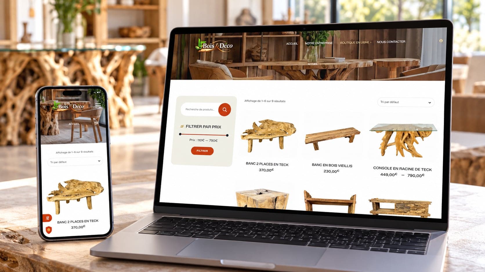 Site de LF Bois & Déco : boutique, sur ordinateur et téléphone