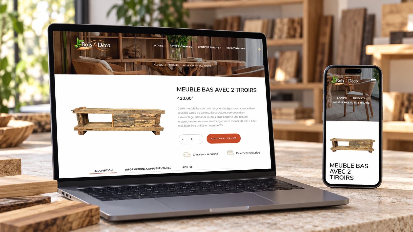 Site de LF Bois & Déco : fiche produit, sur ordinateur et téléphone