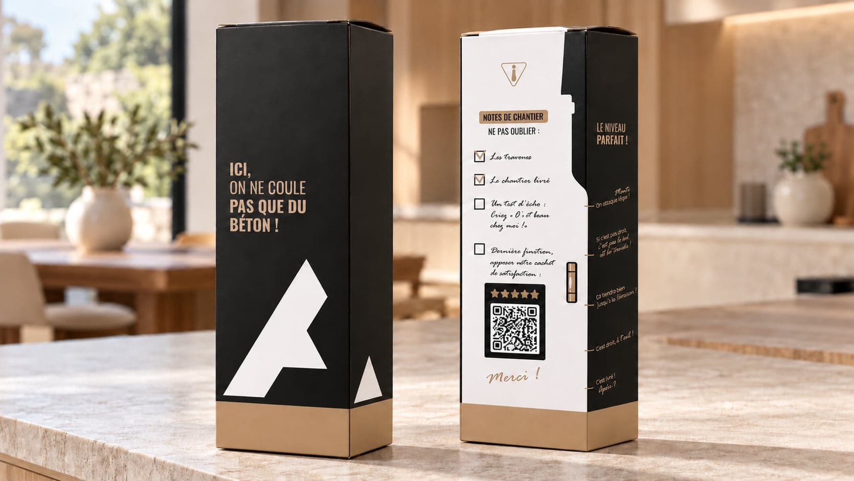 Étui à vin Cabinet Amplitude, face principale et checklist de fin de chantier avec QR code