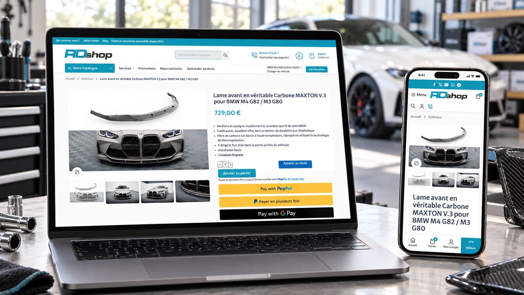 Site de RD Shop : fiche produit, sur ordinateur et téléphone