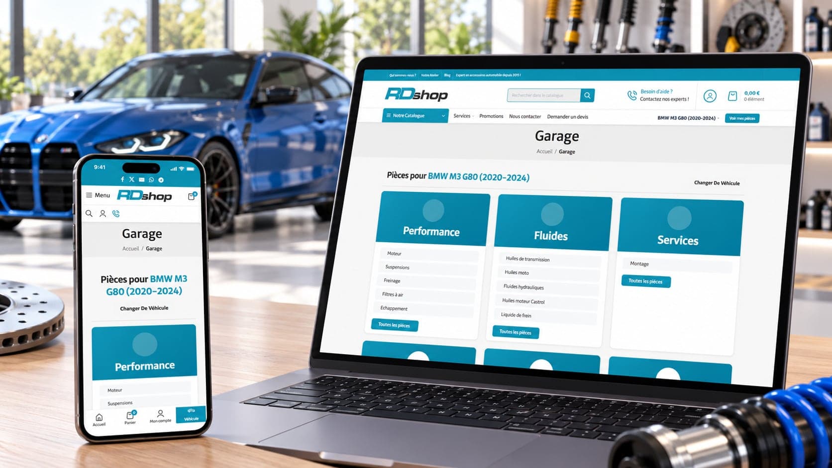 Site de RD Shop : pièces selon le véhicule, sur ordinateur et téléphone