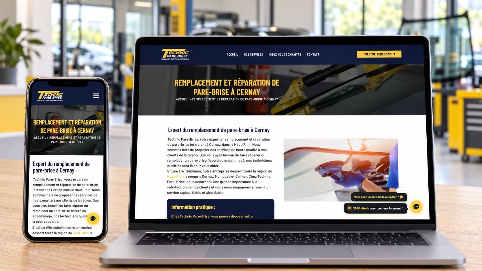 Site de Technic Pare-Brise : remplacement de pare-brise à cernay, sur ordinateur et téléphone