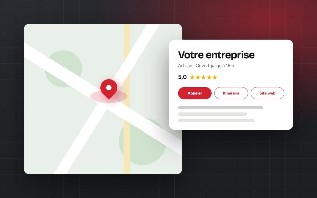 Illustration d'une fiche d'entreprise sur une carte, avec la note et les boutons Appeler, Itinéraire et Site web
